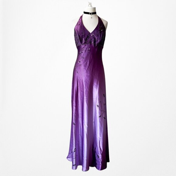 Vintage Purple Gradient Ombre Floral Beaded Satin Bodycon Maxi Dress Size M/L - Picture 4 of 11